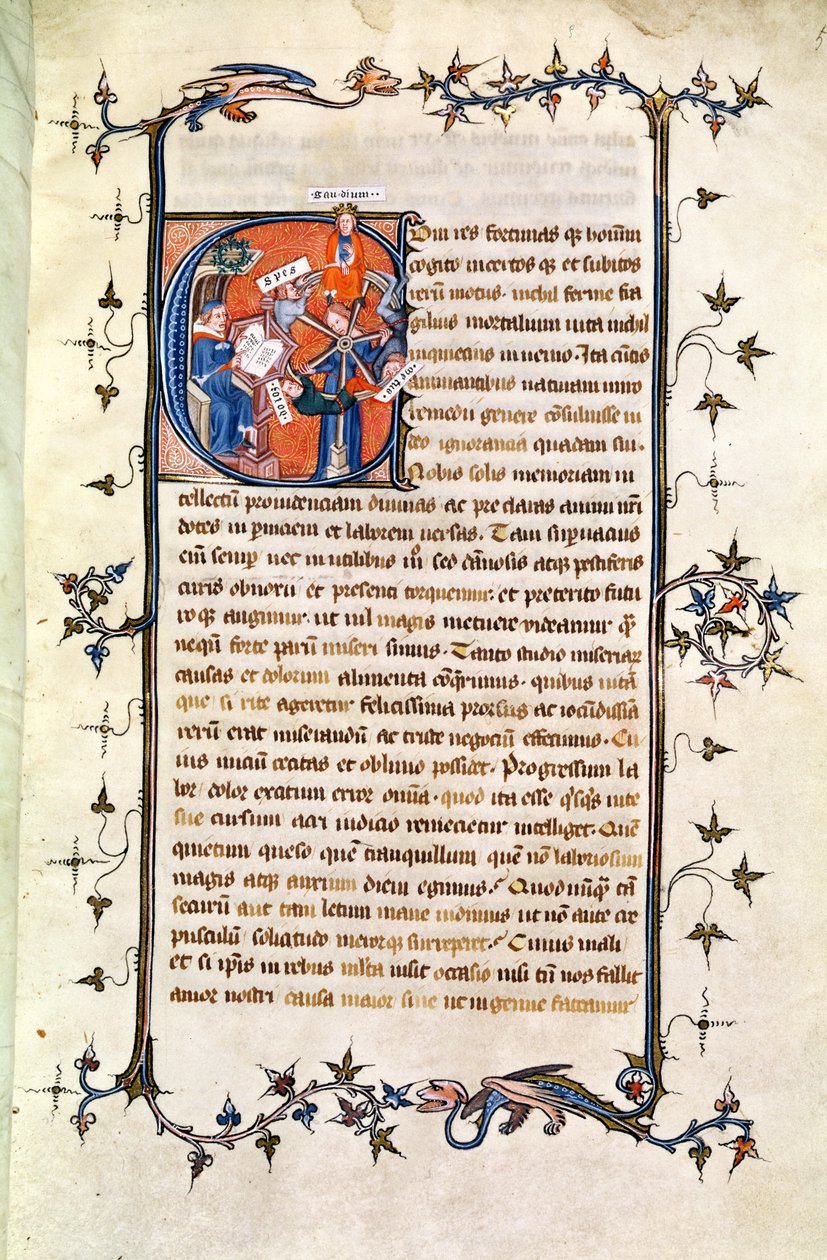 Pagina con una lettera istoriata che raffigura un uomo seduto davanti alla Ruota della Fortuna, da 