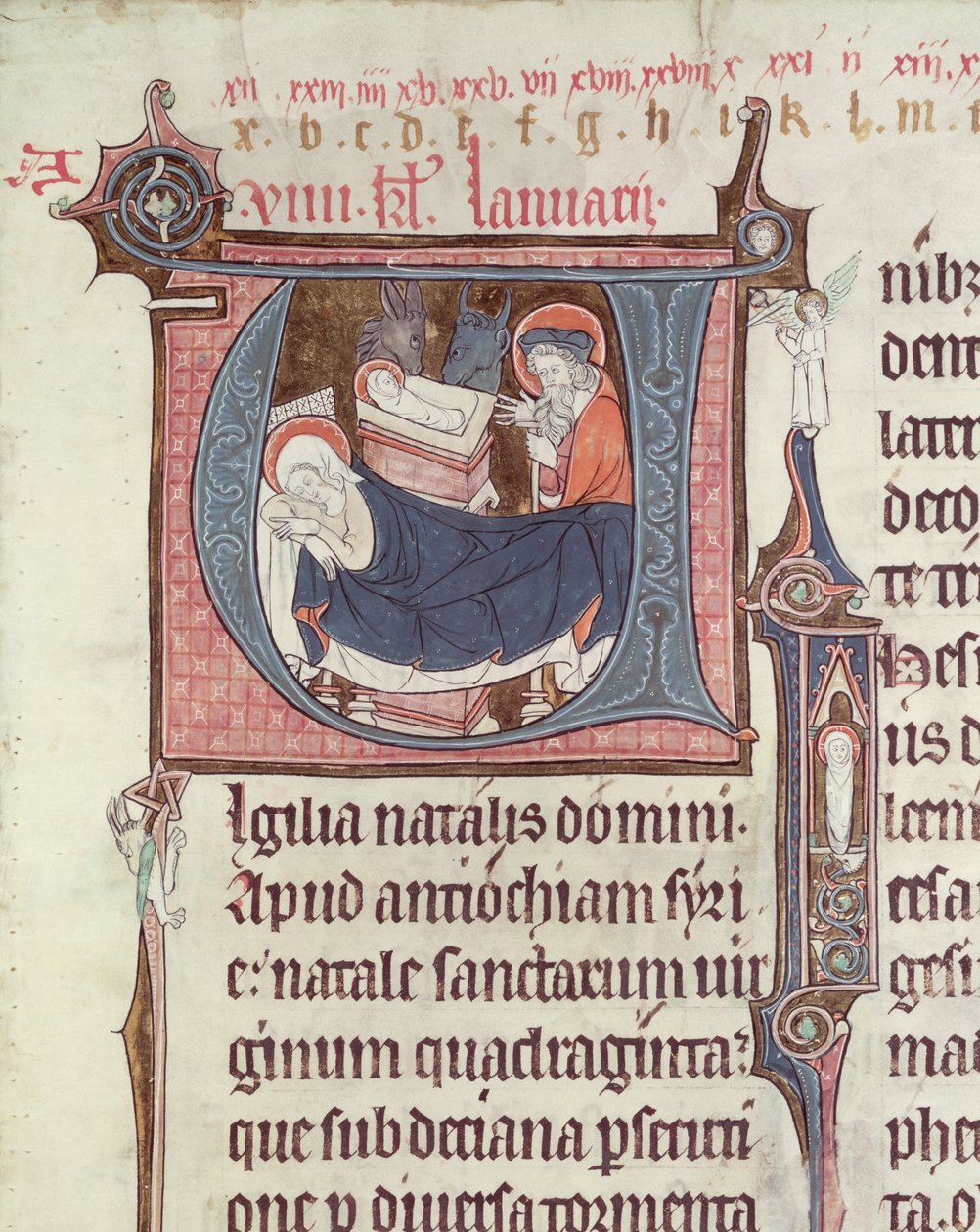 Ms.838 fol.55 Iniziali istoriate U e I che raffigurano la Natività e il Bambino Cristo, da Obituaire de Notre Dame de Pres, dopo il 1270 da French School