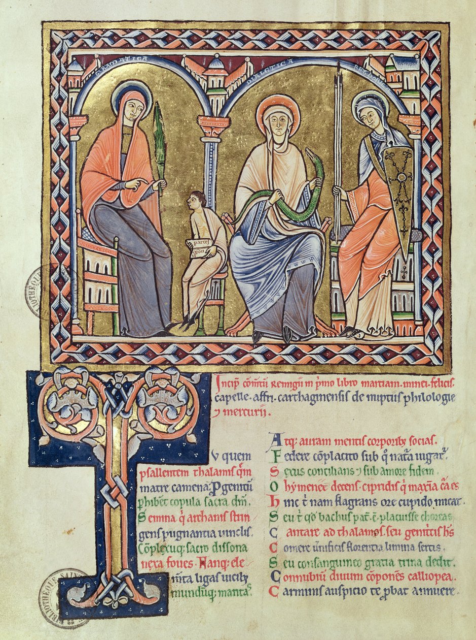 Ms 1041 f.1v Grammatica, Dialettica e Retorica da Satyricon di Marziano Capella, c.1200 da French School