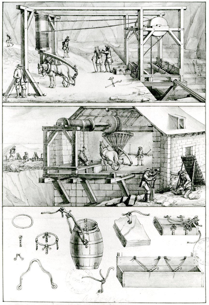 Ms 1064 fol.8 Una cava di ardesia, da Descriptions des Arts et Metiers da French School
