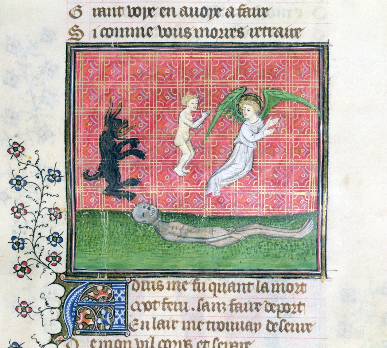 Ms 1130 Anima che lascia il corpo accompagnata da un angelo, miniatura da Le Livre des Proprietes des Choses di Barthelemy l