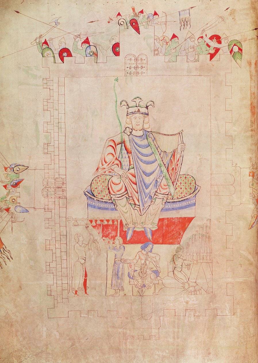 Ms. 1215 t.3 fol.13v Re Davide in maestà al centro di Gerusalemme da French School