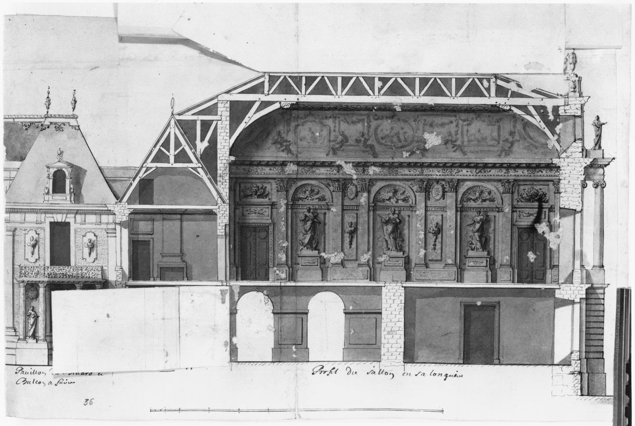 Ms 130736 Sezione trasversale nord-sud del Grand Salon e della Salle de Diane del Castello di Versailles costruito da Louis Le Vau (1612-70) da French School
