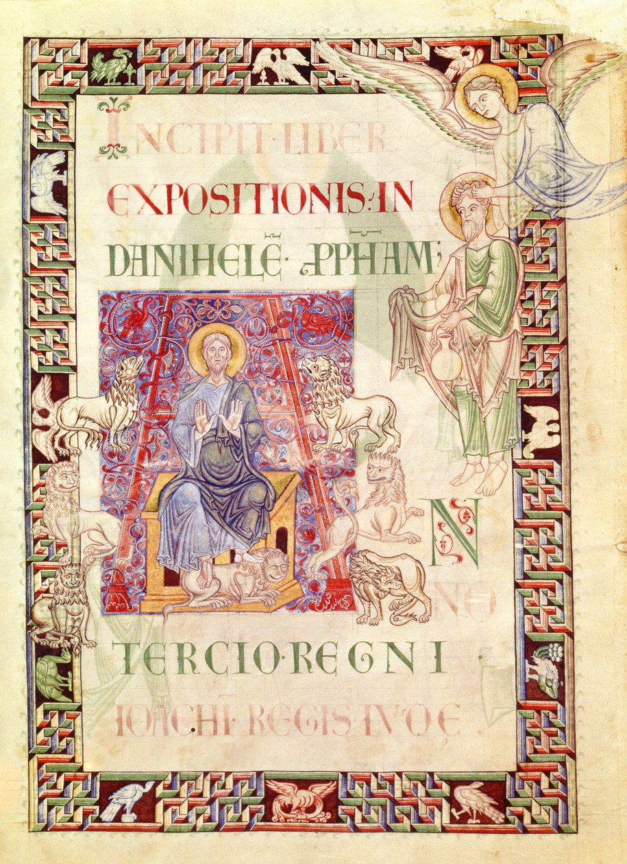Ms 132 f.2v Daniele nella Fossa dei Leoni Nutrito da Abacuc, da Explanatio in Prophetas et Ecclesiasten di San Girolamo da French School