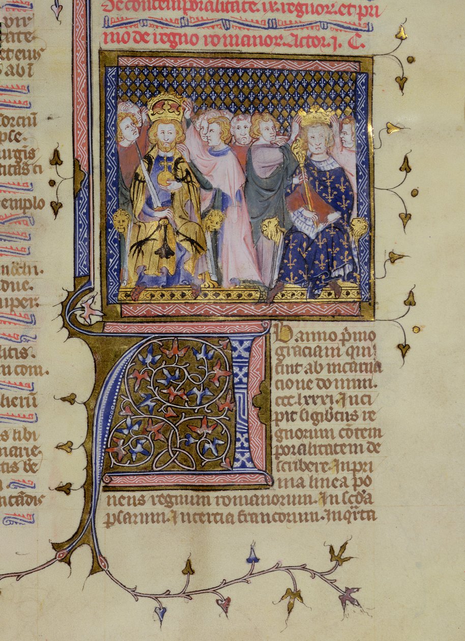 Ms 13. fol 232 Incoronazione di Luigi IX (121415-70) e probabilmente di Federico II (1194-1250), da un Salterio di Pierre Lombard, inizio XV secolo da French School