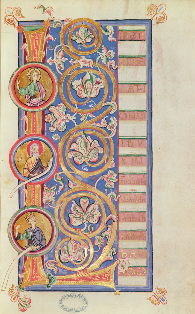 Ms 14 fol.23 Iniziale istoriata L con medaglioni, da un Evangeliario da French School