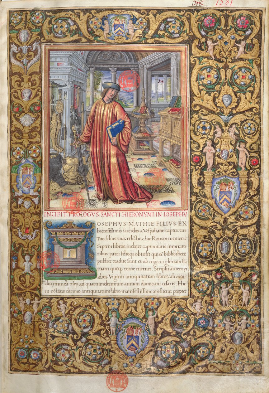 Flavio Giuseppe nel suo studio, illustrazione per il Prologo delle Antichità giudaiche (Antiquitates Judaicae) di Flavio Giuseppe da French School