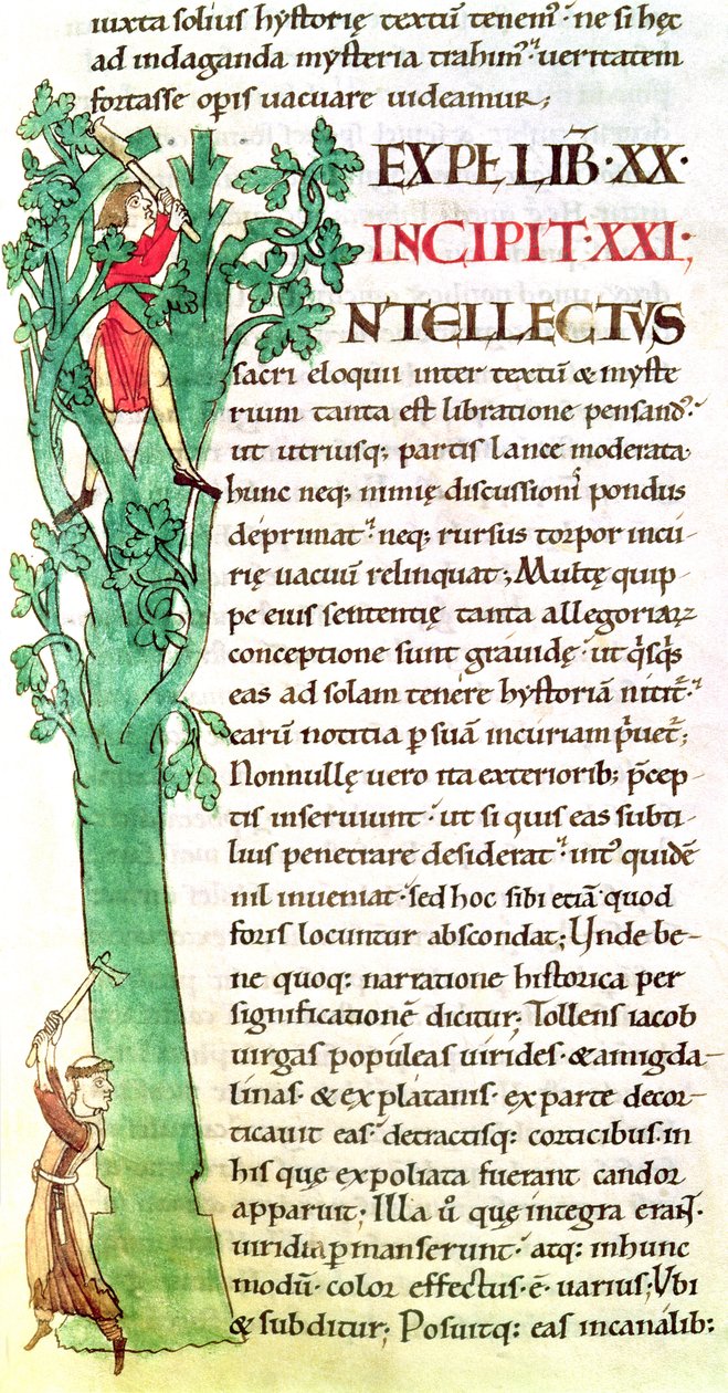 Ms 173 f.41 Iniziale istoriata I raffigurante un monaco e un laico che tagliano e potano un albero, da Moralia in Job di Papa Gregorio Magno da French School