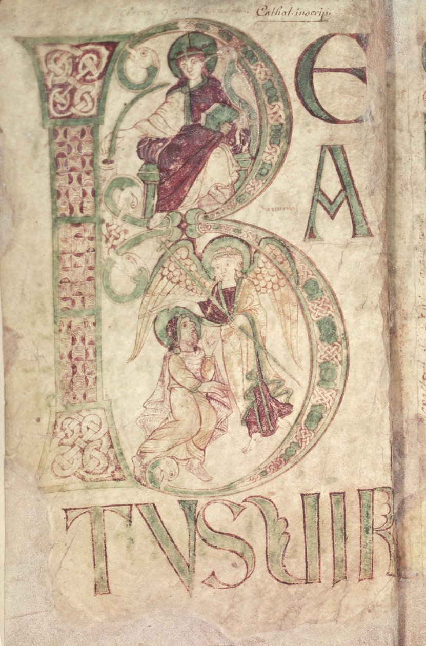 Iniziale istoriata B raffigurante San Giovanni Evangelista e un angelo, dal Salterio di Corbie da French School