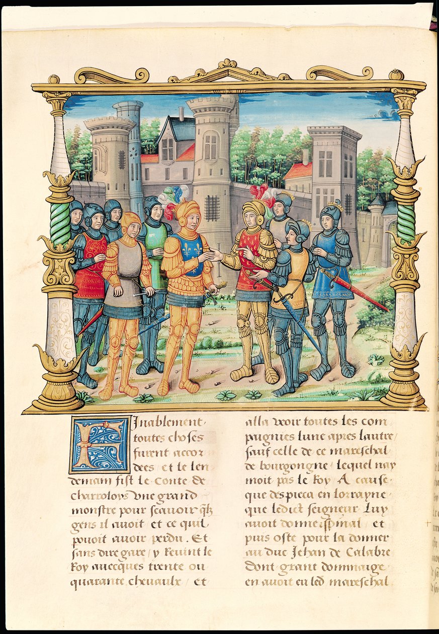 Ms 18 f.32v Il Trattato di Conflans tra Luigi XI e Carlo il Temerario, Duca di Borgogna, ottobre 1465, dalle Memorie di Philippe de Commynes da French School