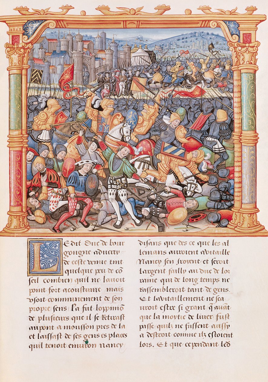 Ms 18 fol.150r Battaglia di Nancy nel 1477, dai Memoires de Philippe de Commines da French School