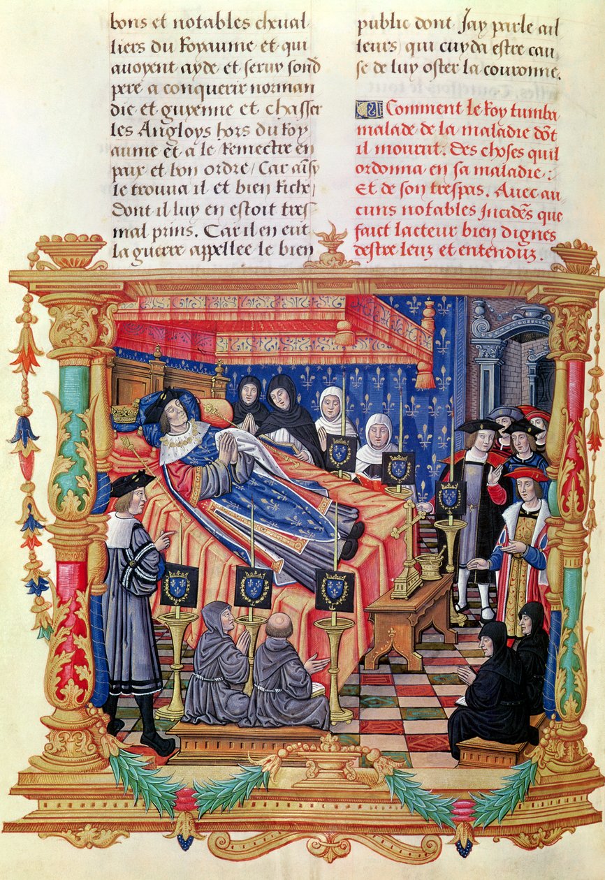 Ms 18 fol.208v La morte di Luigi XI (1461-83), dai Memoires de Philippe de Commines, 1489-98 da French School