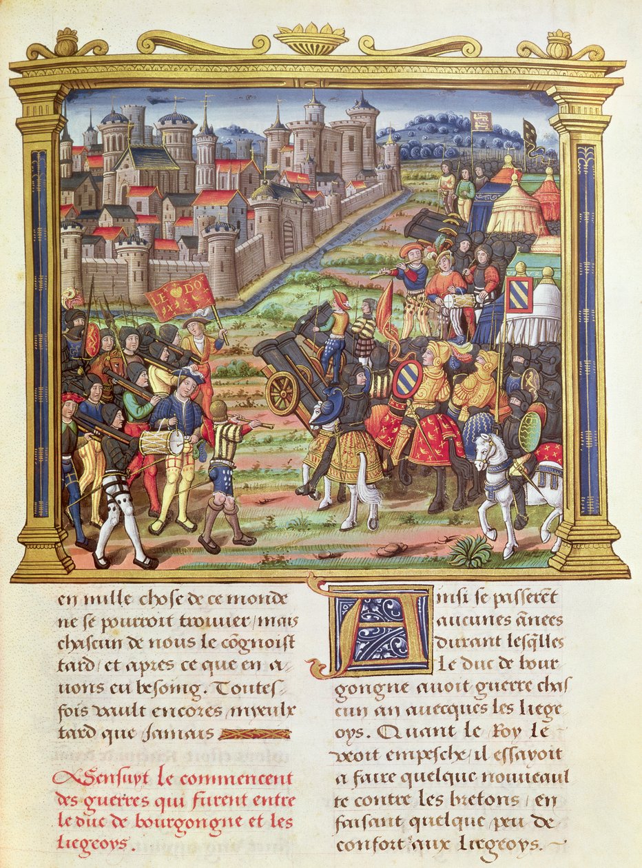 Ms 18 fol.36r Guerra tra Carlo il Temerario, Duca di Borgogna e Liegi nel 1467-68, dai Memoires di Philippe di Commines (1445-1509) da French School
