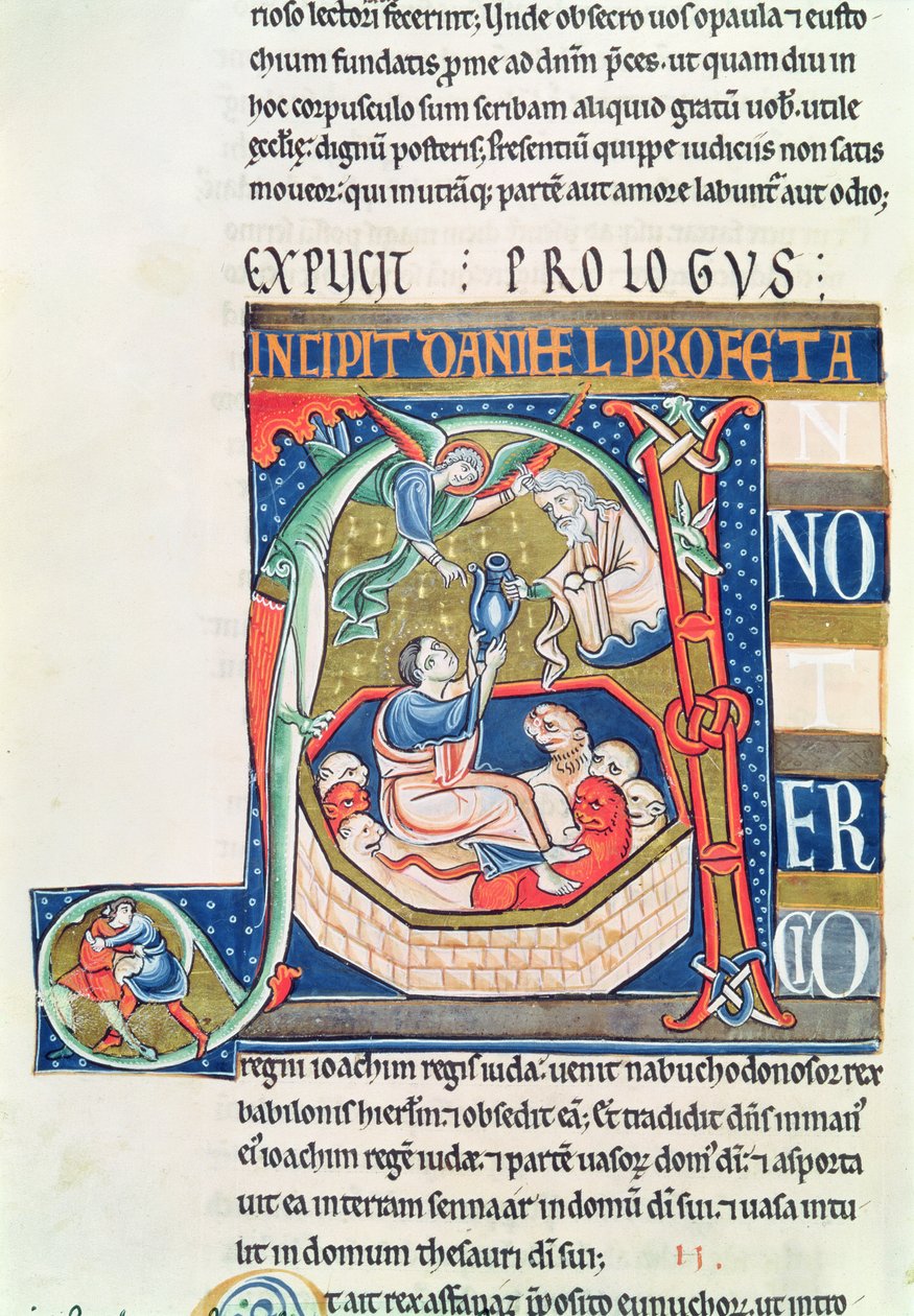 Ms 1 fol.185v Iniziale istoriata A raffigurante Daniele nella fossa dei leoni, dalla Bibbia di Souvigny da French School
