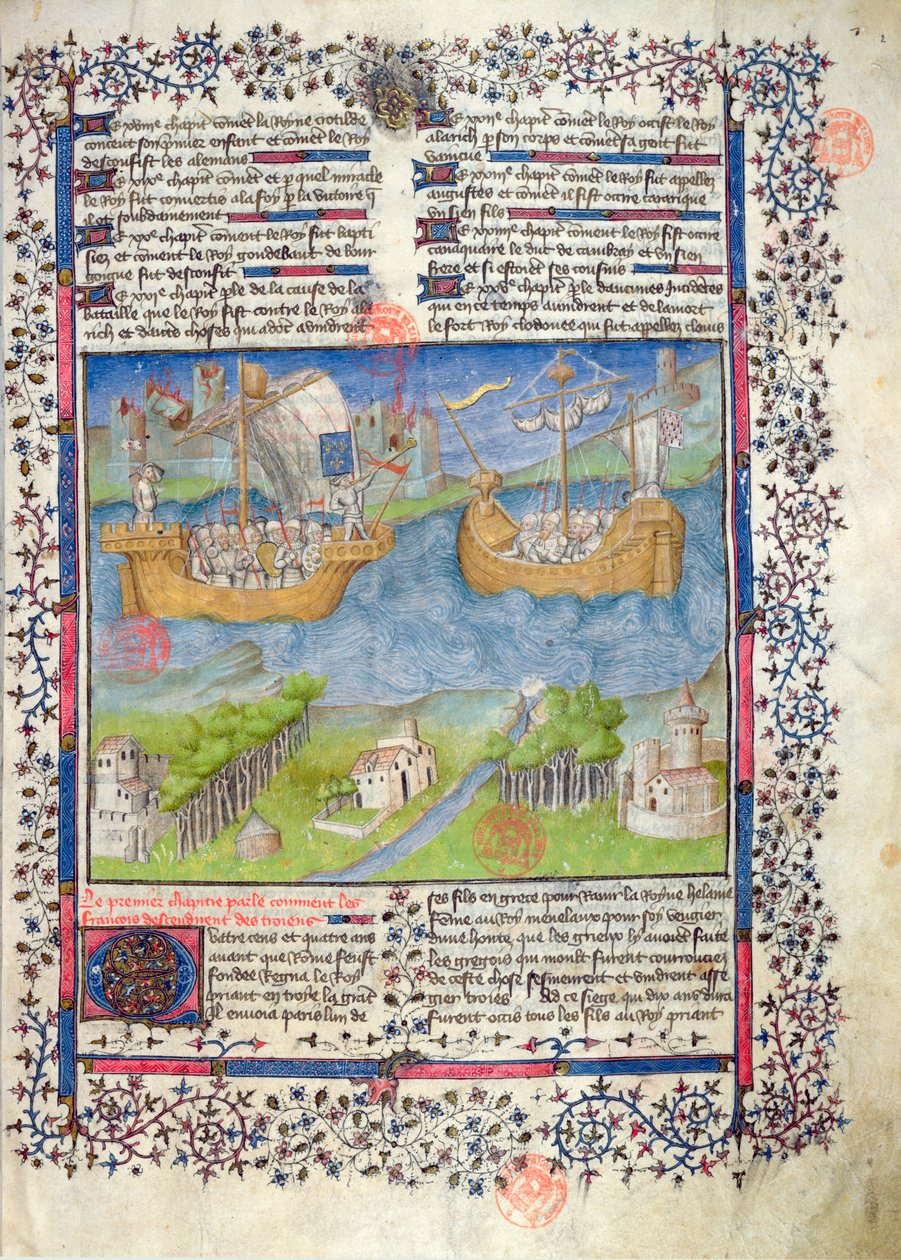Ms 2028 fol. 2 Le origini troiane della nazione francese, dalle Grandes Chroniques de France da French School