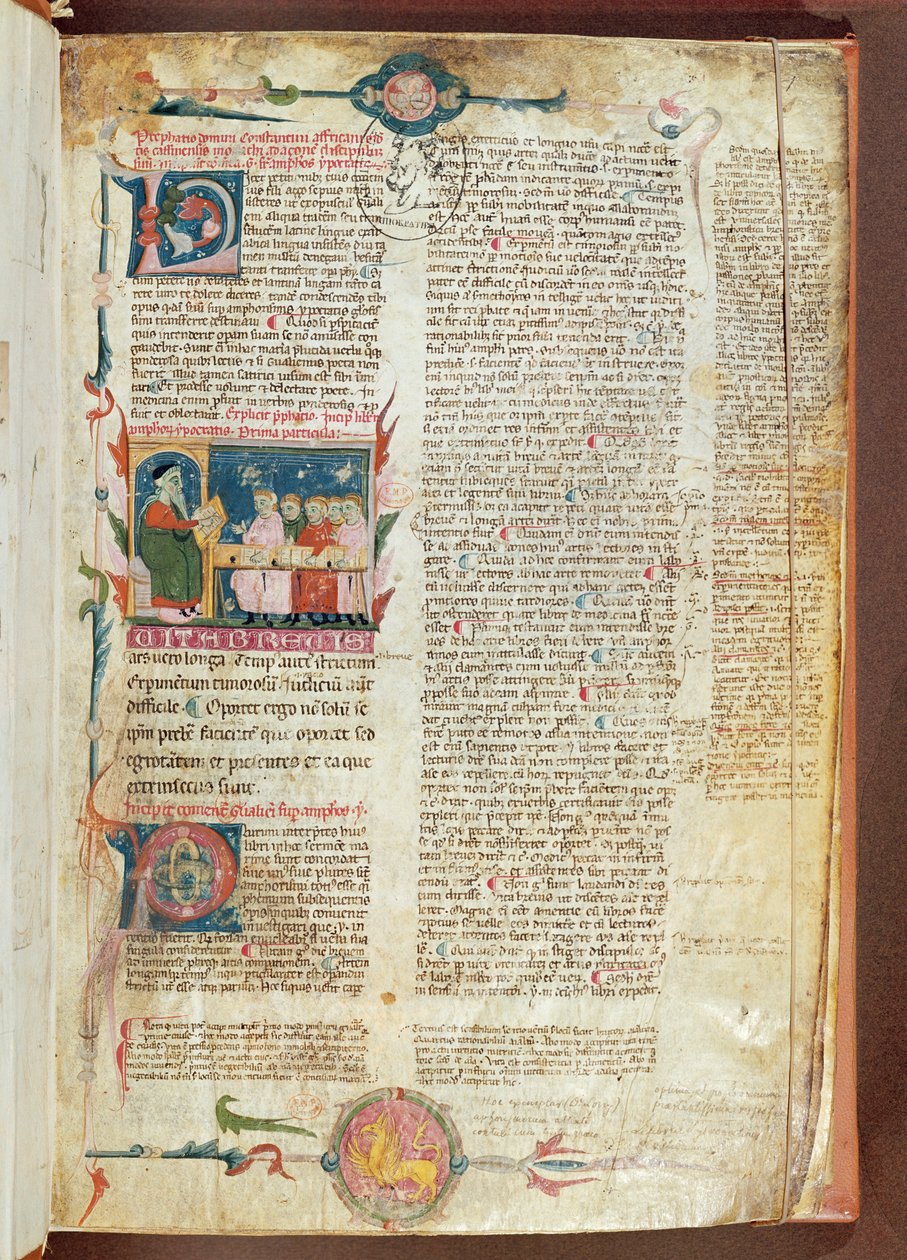Scena di istruzione, prima pagina degli Aforismi di Ippocrate con Commenti di Galeno da French School