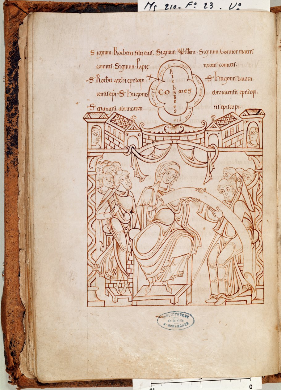 Ms 210 fol.23v La Donazione di Gonnor, Duchessa di Normandia, al monastero di Mont Saint-Michel, dal Cartulaire de Mont-Saint-Michel, 1150 da French School