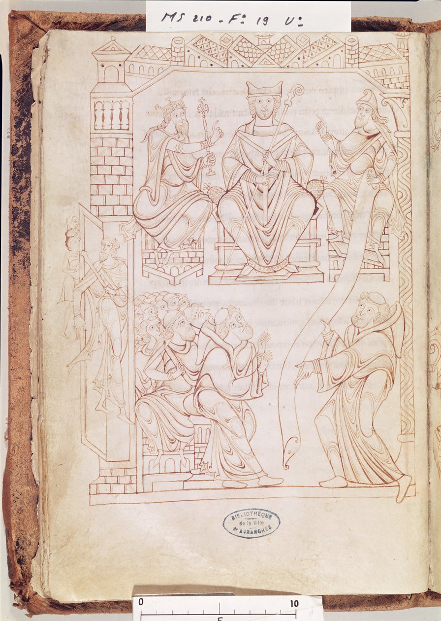 Ms 210 fol 19v. Cartulario di Mont Saint-Michel: Il Duca Riccardo II di Normandia dona terre e privilegi al monastero di Mont St. Michel, 1150 da French School