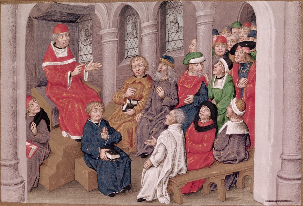 Ms 230 fol.25 Jean de Gerson (1363-1429) che predica la Passione dopo cena nella Chiesa di San Bernardo, Parigi, da Sermons sur la Passion et Traites Divers, c.1480 da French School