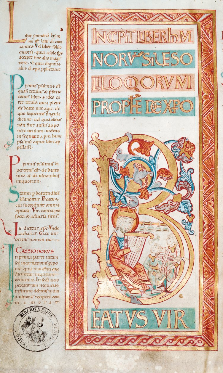 Ms 232 f.3v Iniziale istoriata B che raffigura il re Davide, da un libro di salmi da French School