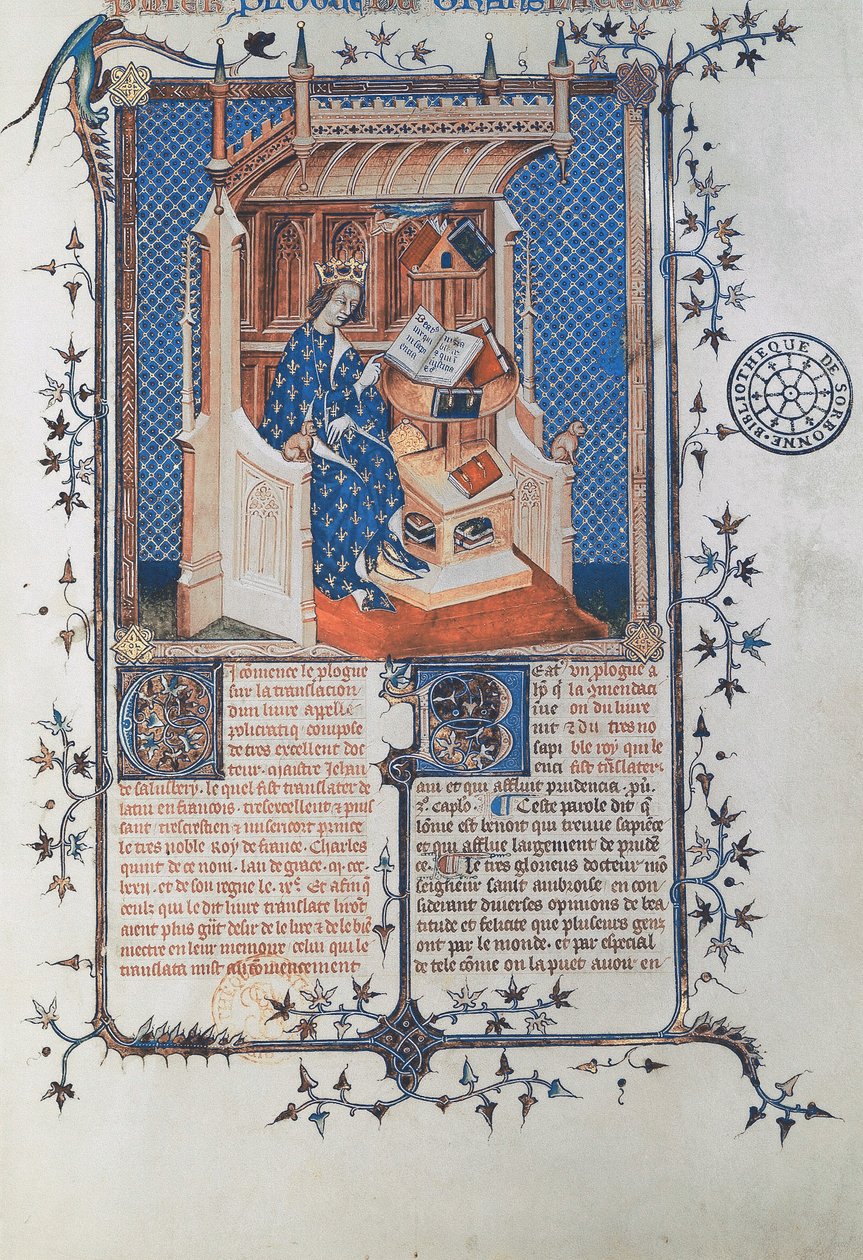 Carlo V il Saggio, Re di Francia, da Giovanni di Salisbury, Polycraticus, tradotto da Denis Foulechatis, c.1372 da French School