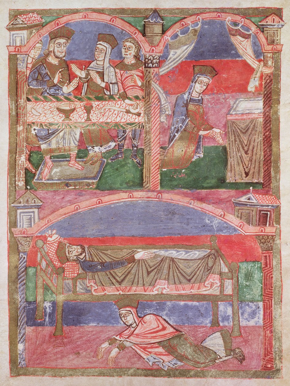 Santa Radegonda (518-87) alla tavola di Clotario I (497-561), nel suo oratorio e ai piedi del letto reale, dalla Vita di Santa Radegonda da French School
