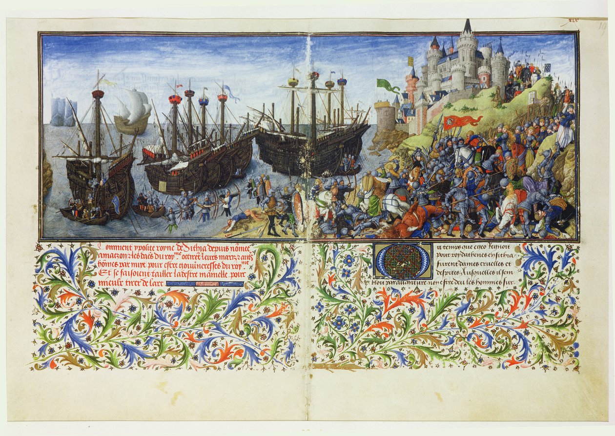 Il castello delle Amazzoni è assediato da Teseo, Duca di Atene, da La Teseida, di Giovanni Boccaccio (1313-75) 1340-41 da French School