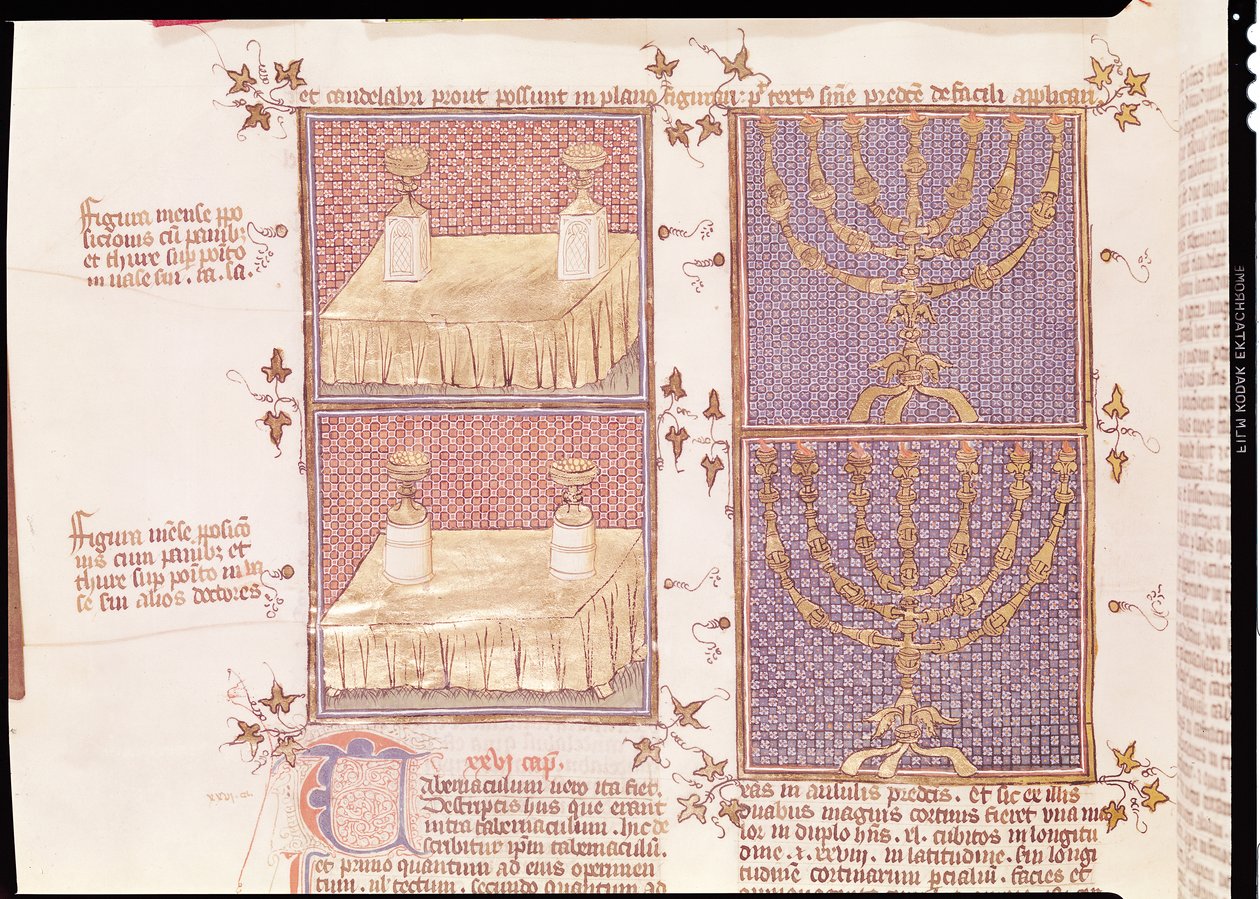 Tavola delle offerte e il candelabro, da Postilles sur la Bible di Nicolas de Lyre da French School