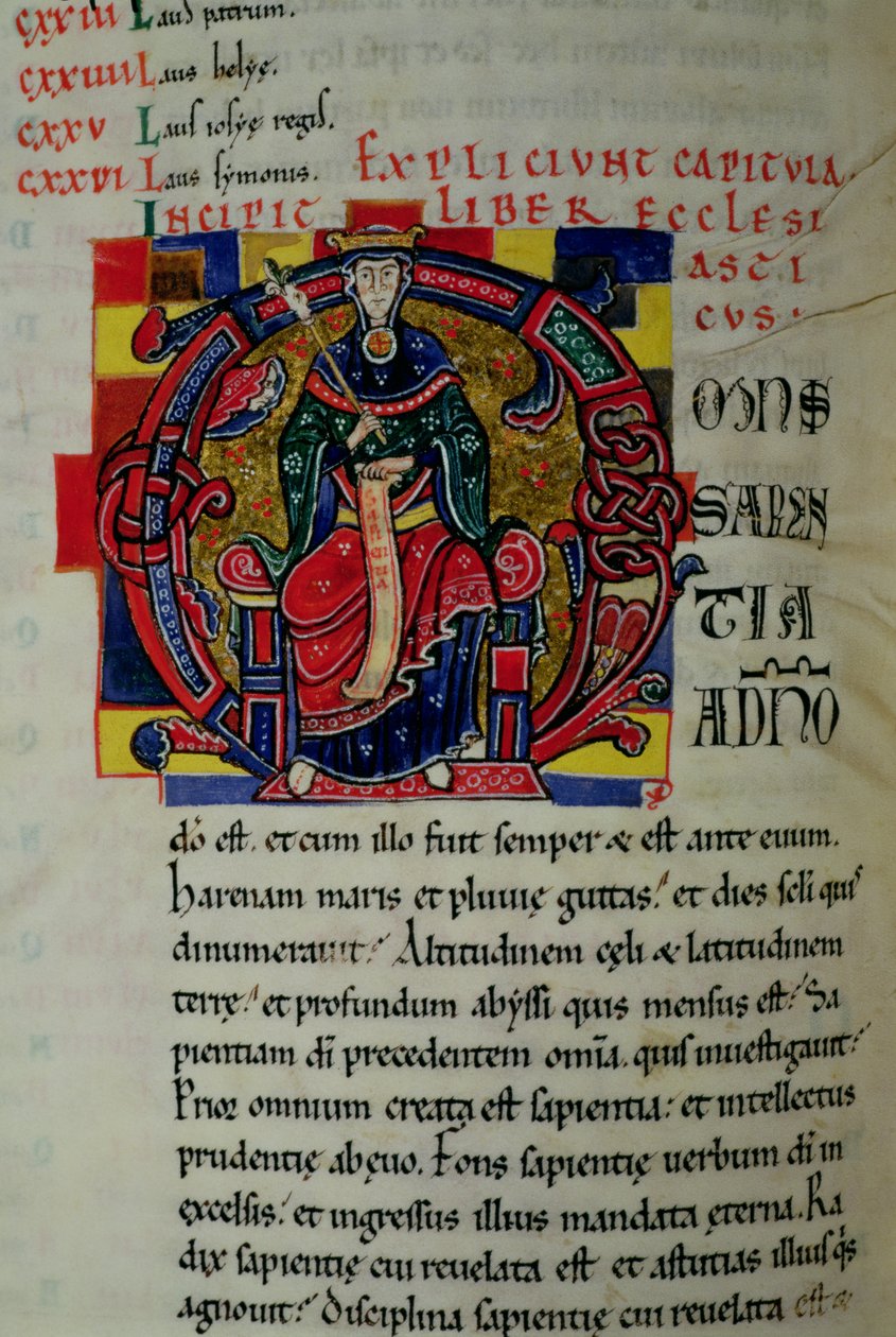 Ms 2 fol.8 Iniziale istoriata O raffigurante una figura di Saggezza, dalla Bibbia di San Benigno da French School