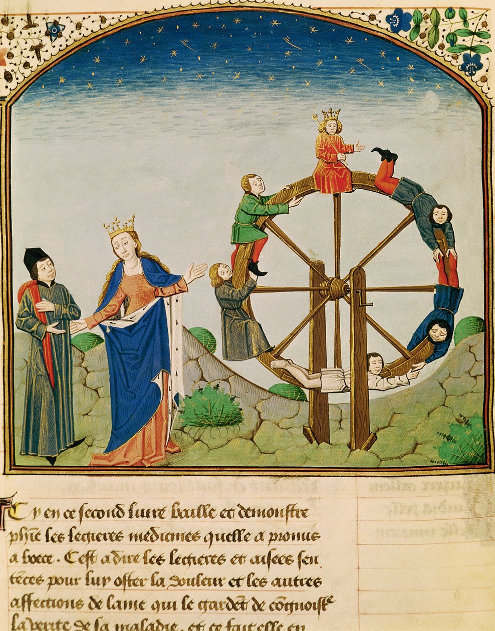 Ms 3045 fol.22v Boezio con la Ruota della Fortuna, da De Consolatione Philosophiae, tradotto da Jean de Meung da French School