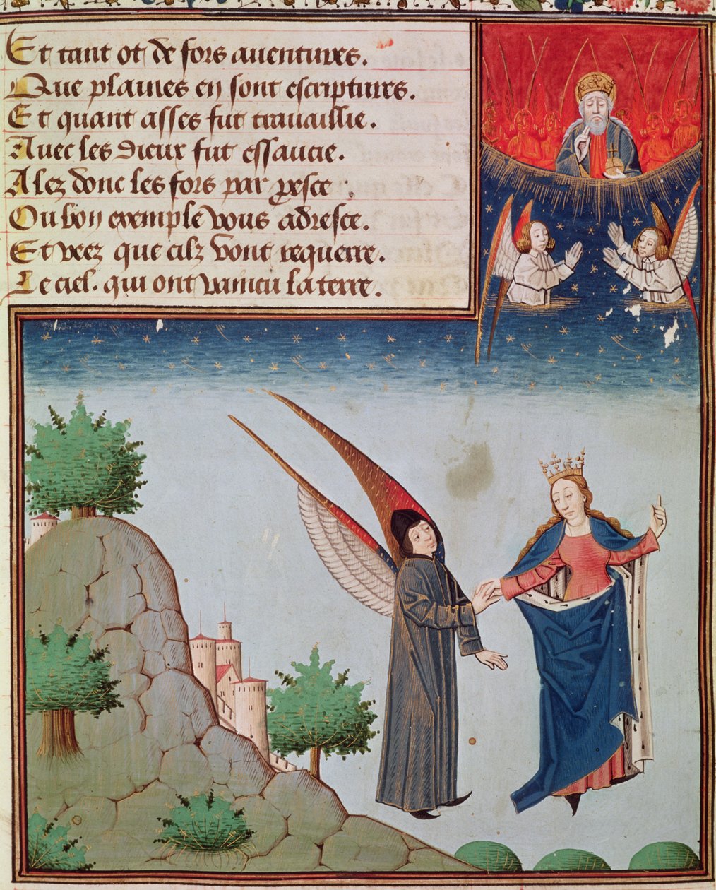 Ms 3045 fol.94r Lady Filosofia guida Boezio in volo nel cielo con le ali che gli ha dato; Dio Padre guarda benedicendo da French School