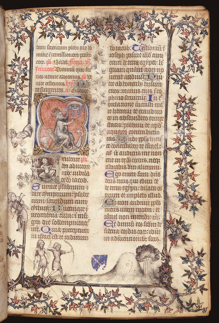 Ms 306 f.27r Re Davide seduto suona un carillon di cinque campane, da un Breviario, Uso di Parigi, 1400 da French School