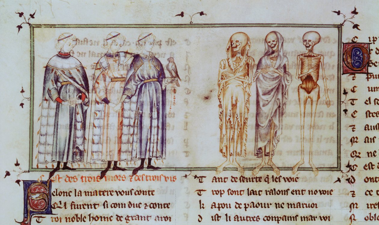 Ms 3142 fol.311r La storia dei tre vivi e dei tre morti, da Recueil de Poesies Francaises, c.1280-90 da French School