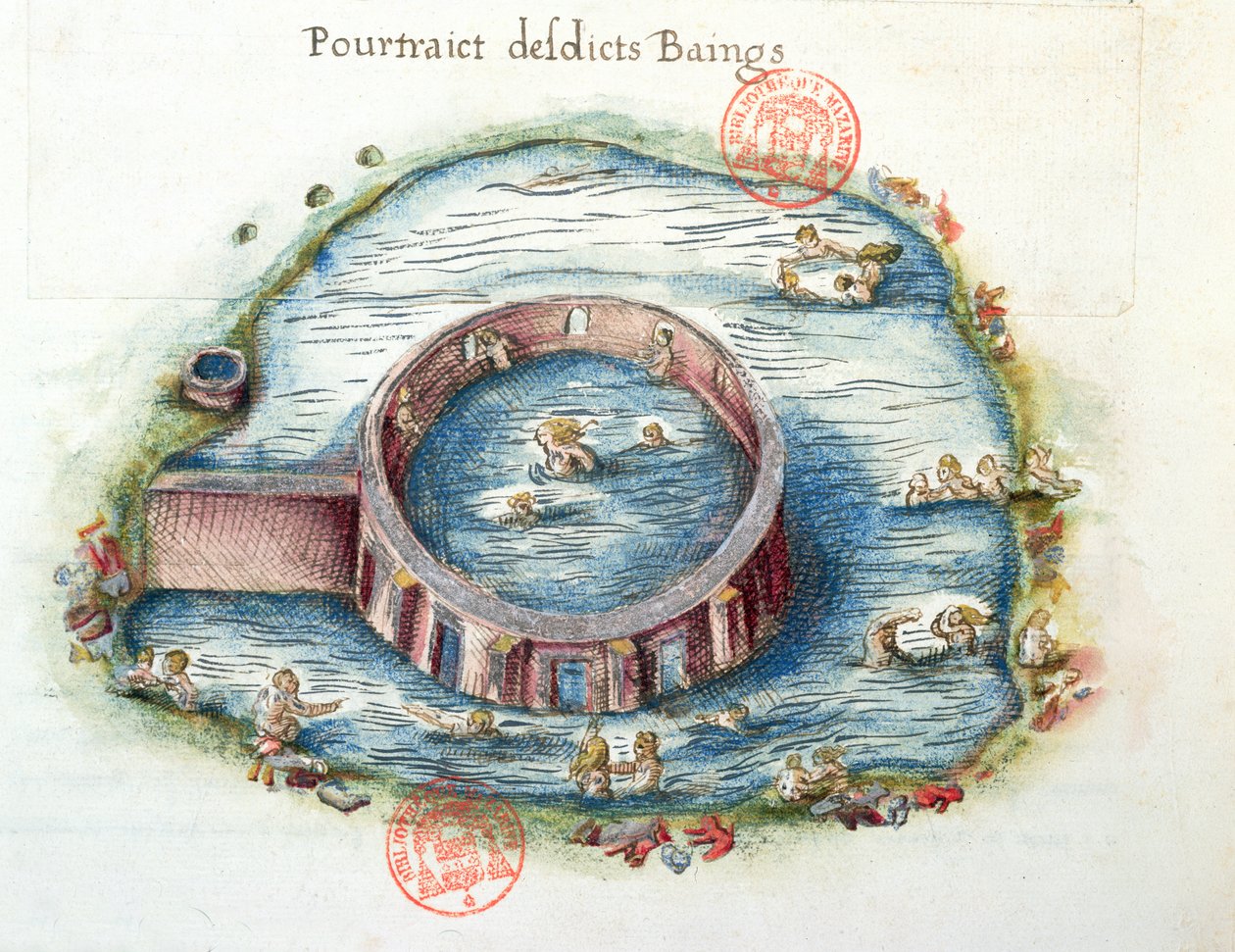Le terme di Bourbon-Lancy, illustrazione da Generale Description du Bourbonnais di Nicolas de Nicolay, 1569 da French School