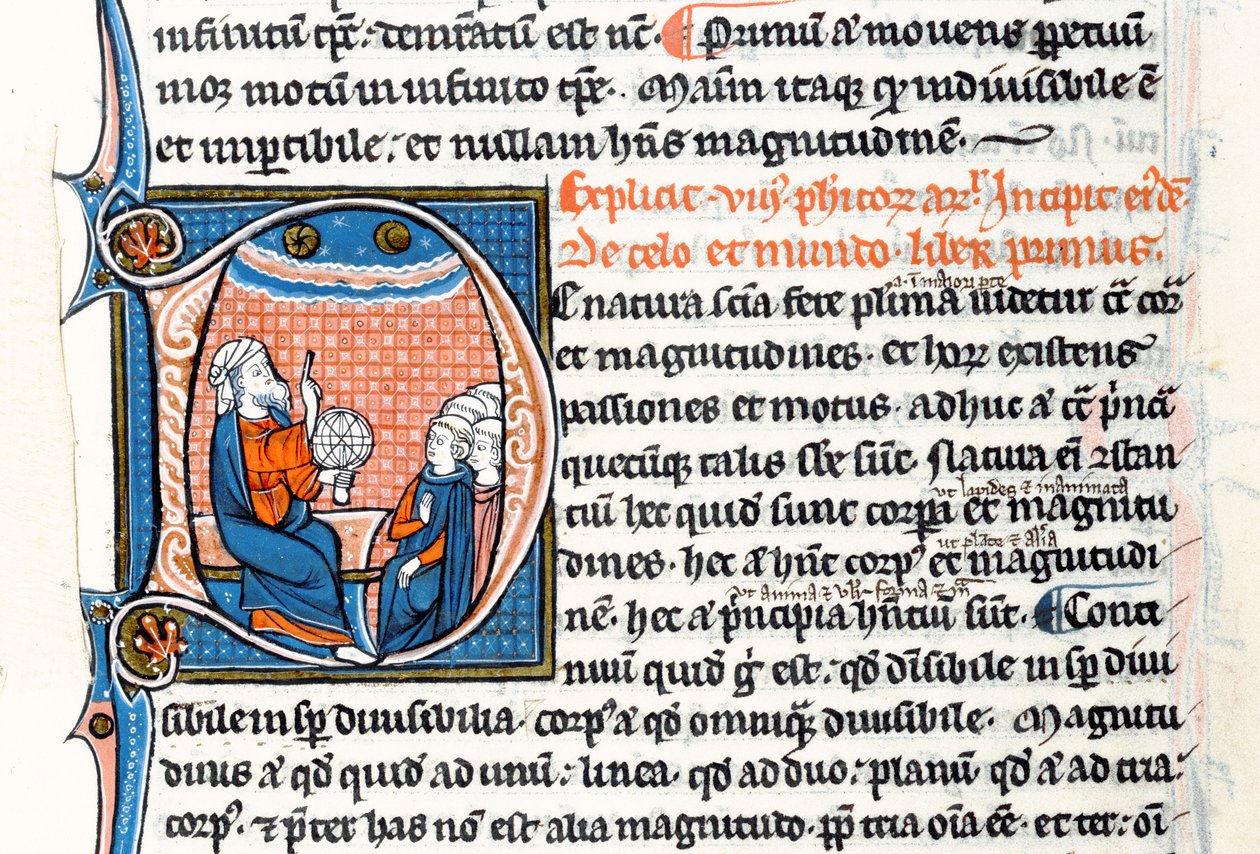 Ms 3458 fol 62vo Iniziale istoriata D raffigurante Aristotele che tiene una sfera armillare e indica il cielo mentre insegna a un gruppo di chierici dell