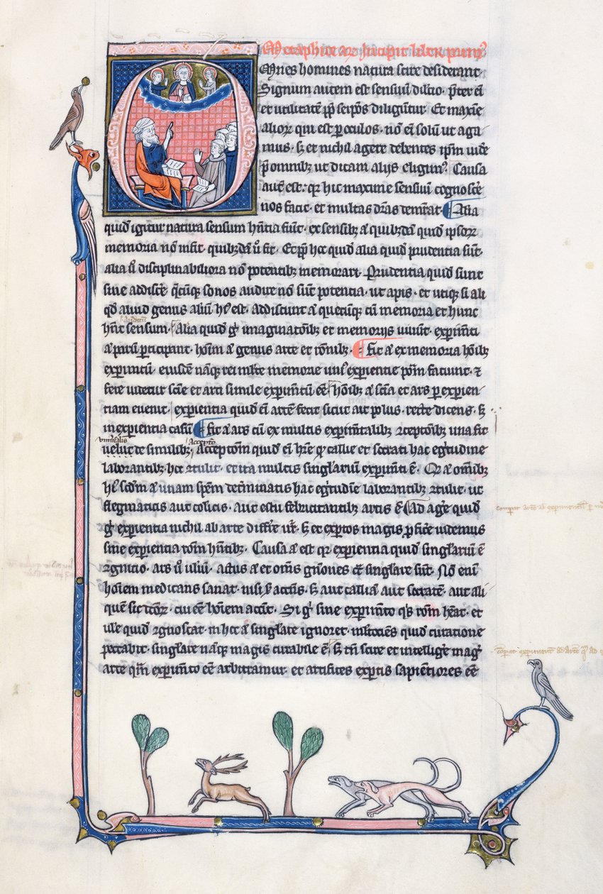 Ms 3458, iniziale istoriata O che raffigura il filosofo greco antico Aristotele, che insegna a un gruppo di chierici dell