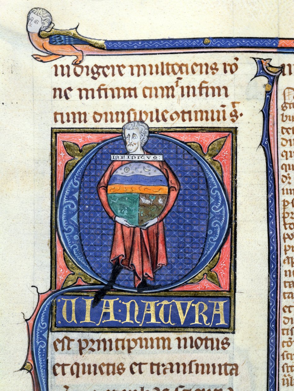 Ms 3469 Filosofo che tiene un globo con i Quattro Elementi, dalla Fisica di Aristotele da French School