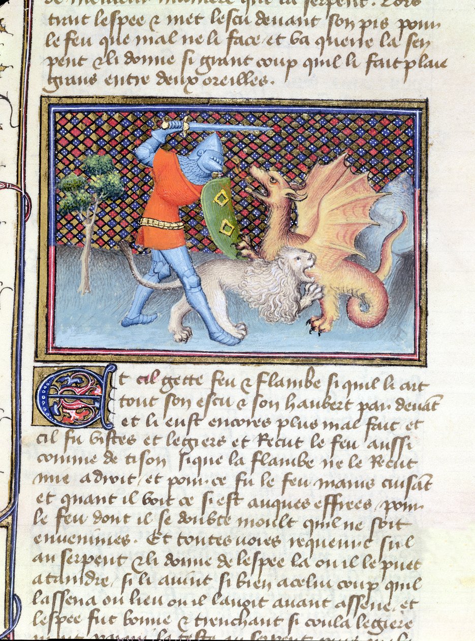 Ms 3480 Yvain, il Cavaliere con il Leone, che combatte un drago, miniatura da Roman de Lancelot da French School