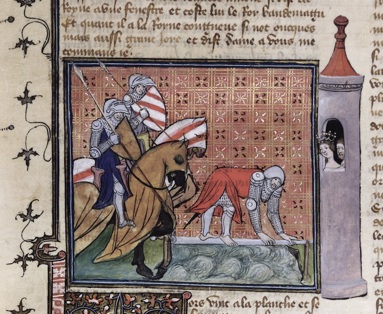 Ms 3480 fol.77 Lancillotto che attraversa il Ponte della Spada, dal Livre de Messire Lancelot du Lac da French School