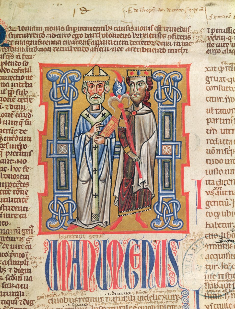 Ms 354 fol.9 Miniatura di un vescovo e un re dal Decretum Gratiani, XIV secolo da French School