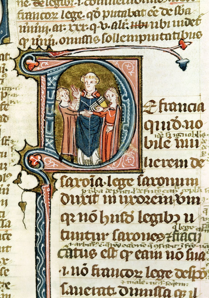 Ms 376 f.320 Iniziale istoriata D raffigurante un sacerdote che benedice un matrimonio, da Les Gregoriennes da French School