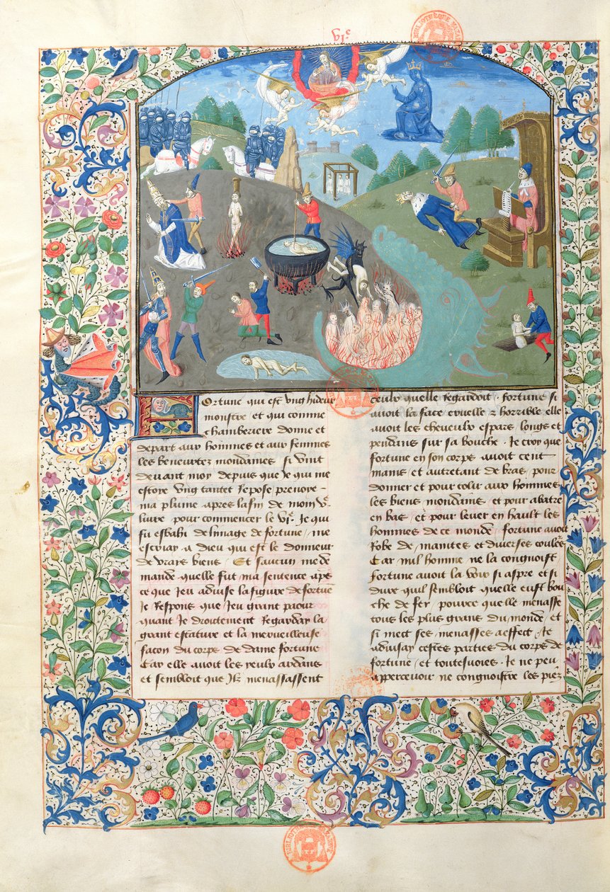 Ms 3878 Scene di battaglia, uccisione e inferno da De Casibus Virorum Illustrium di Giovanni Boccaccio (1313-75) da French School