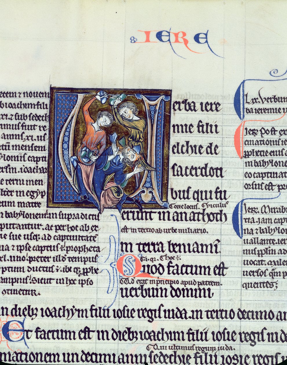 Ms 48 fol.95v Iniziale istoriata V che raffigura la lapidazione del profeta Geremia da French School