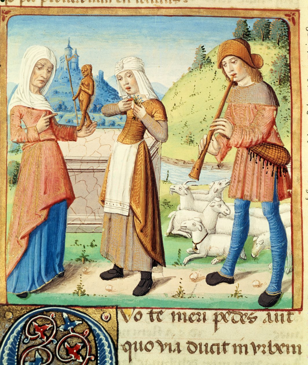 Ms 493 fol.15v Il pastore Menalca e il suo amore non corrisposto, da Le Bucoliche di Virgilio con un commento di Servio, 1469 da French School