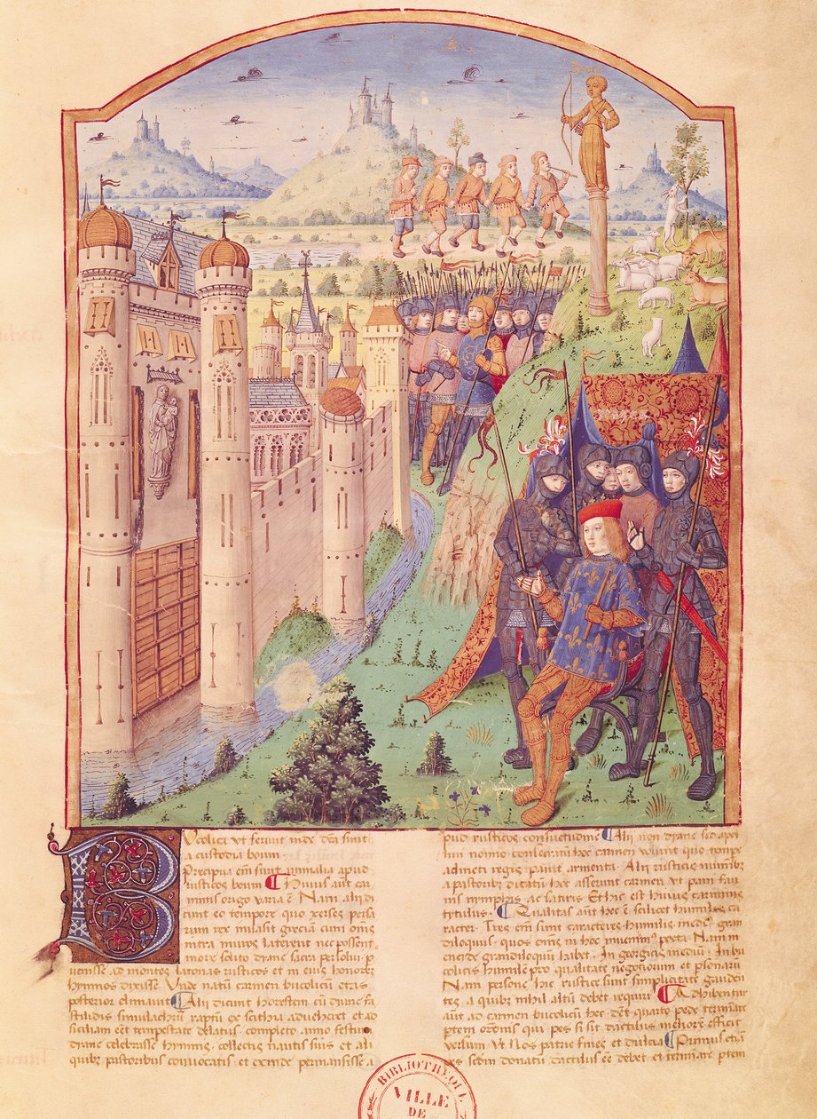 Ms 493 fol.1r Le opere di Virgilio con commento di Servio, Le Bucoliche, Re seduto sul trono circondato dalle sue guardie davanti a una città fortificata, Francia, 1469 da French School