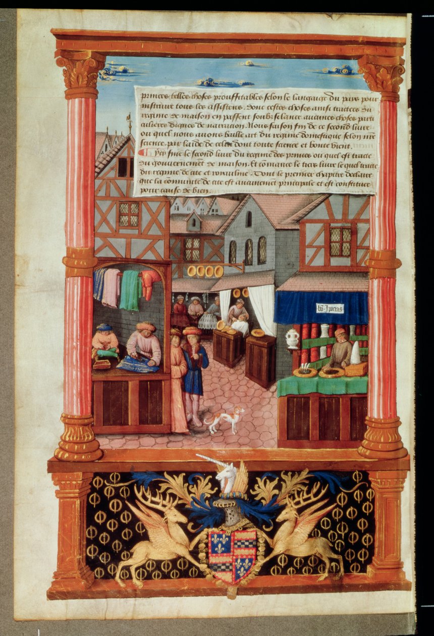 Ms 5062 fol.149v Una strada con negozi e lo stemma di Robert Stuart, Maresciallo di d