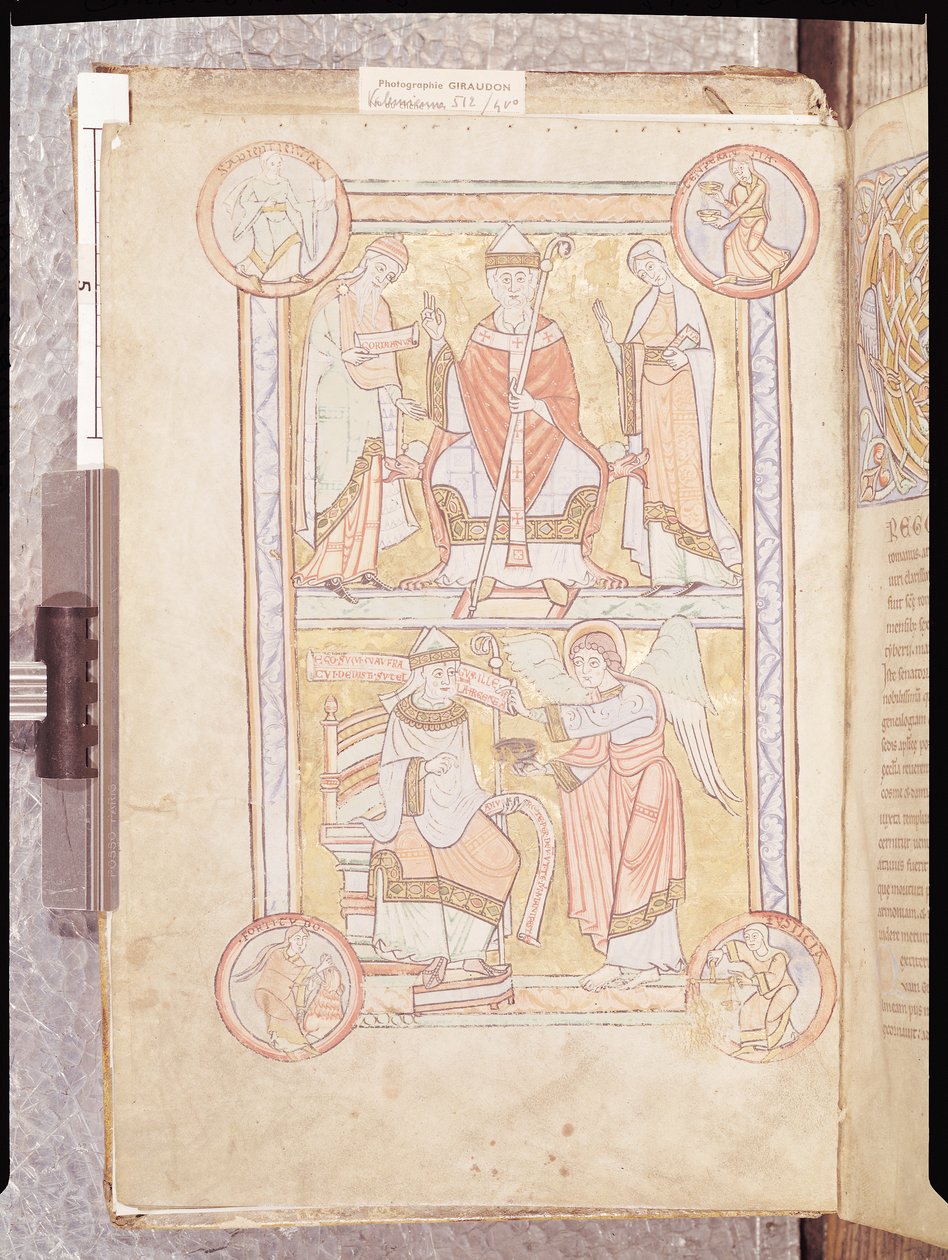 Ms 512 fol.4v San Gregorio Magno (c.540-604) tra suo padre, Gordien, e sua madre, Silvia e un uomo annegato come angelo, da Liber Pastoralis da French School