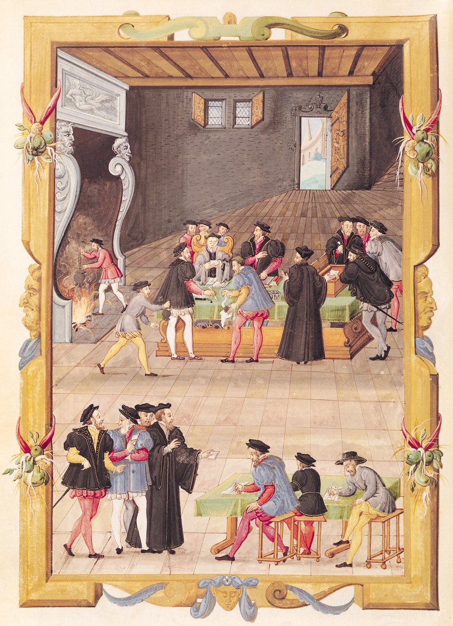 Ms 5169 f.2v I notai e i segretari del re nella sala del Collegio dei Notai e dei Segretari del Re da French School