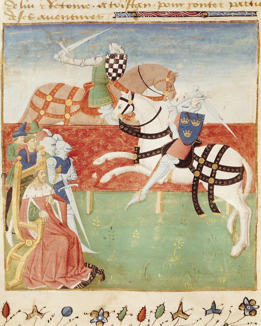 Ms 527 fol.40v Confronto di due cavalieri davanti al re, dal Roman du Saint Graal da French School