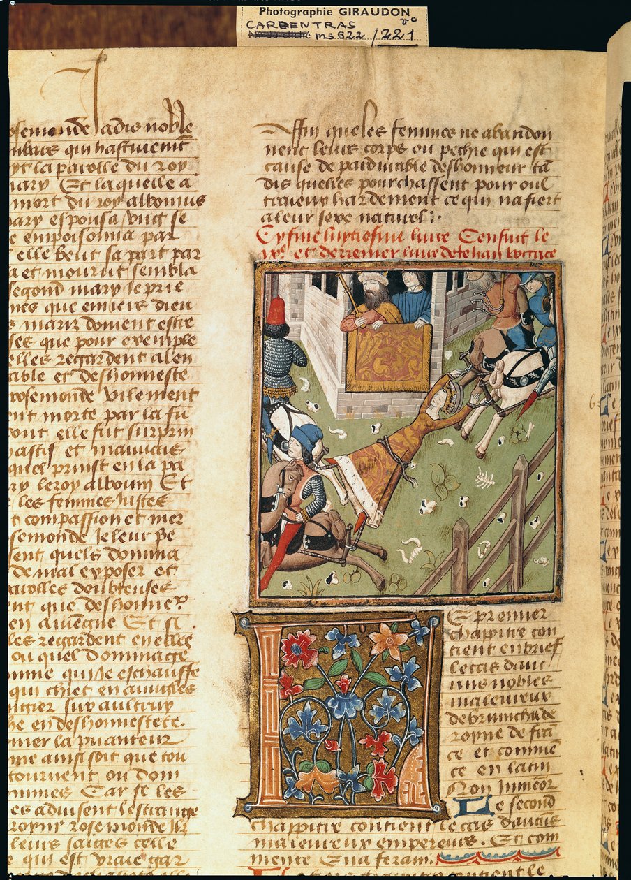 Ms 622 fol.221v La tortura di Brunilde da Des Hommes Illustres, c.1460 da French School